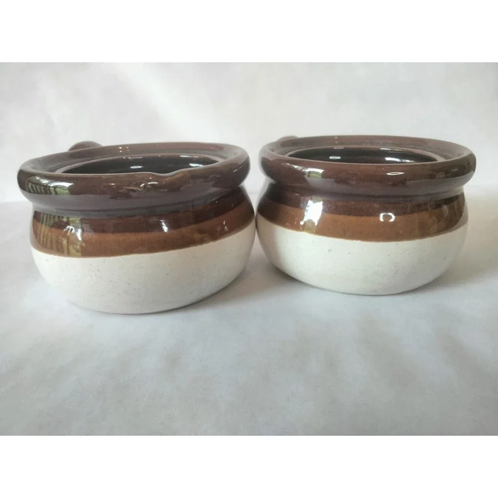 2 Onion Soup Handled Crock Bowls with Lids Brown & Beige Taiwan
